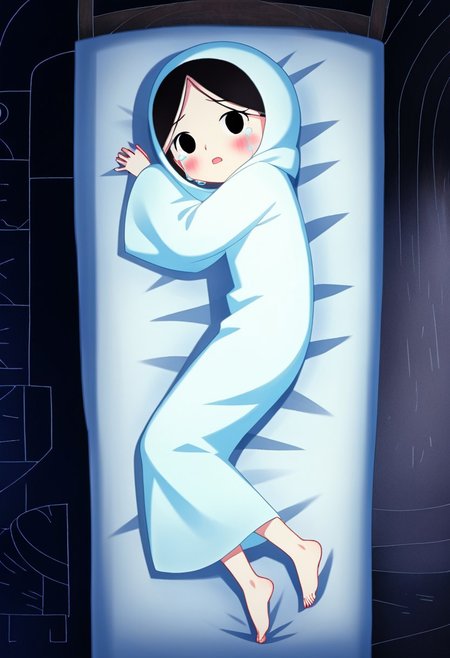zPDXL3, source_cartoon, Perfect Hands, full body,
1girl, solo, aged down, bedroom, looking at viewer, saoirse, black hair, black eyes, blush, ghost, hood up, robe, barefoot, glowing, lying on bed, from above, lying on side, facing at viewer, feeling cold, eyes open, crying sadly, fear, open mouth, sleeve past wrist, slim body, long body, highlight cloth wrinkle, anime style,
<lora:Perfect Hands:1>  <lora:Saoirse_-_The_Song_of_the_Sea-000009:1>