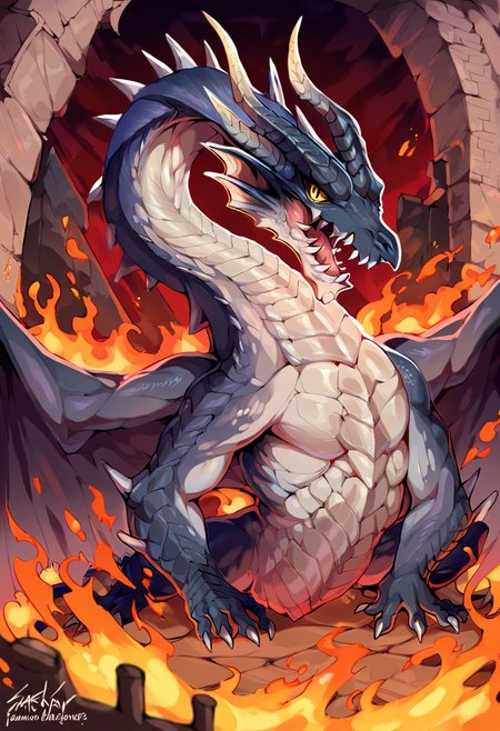 <lora:MH_Fatalis_a1_9_PonyXL_spnckpt1_th-1.4>,<lora:PDXL_artist_tags_v2_big>,score_9,score_8_up,score_7_up,fatalis,feral,by zackary911,by syuro,by hanuvo,solo,hi res,detailed background,ruins,castle,
looking at viewer,yellow eyes,(slit pupils:0.7),wings,hand on ground,open mouth,fire,
