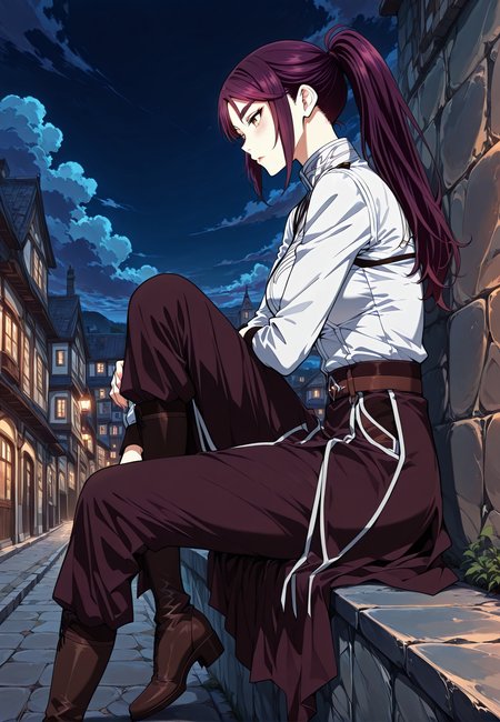 <lora:Vanesy_Glory__The_Beginning_After_the_End__Illustrious:1>
1 girl, solo, brown eyes, purple hair, long hair, ponytail, sidelocks, thick eyebrows, 
uniform, white shirt, long sleeves, belt, boots, <lora:iLLMythG0thicL1nes:1>
score_9, score_8_up, score_7_up, score_6_up, source_anime, masterpiece, best quality, absurdres, highres, newest, anime coloring <break>  1girl, solo, sitting, on wall, from side, town, night sky, cloud,