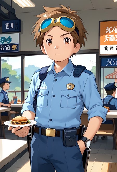 score_9, score_8_up, score_7_up, zPDXL2, 
,
1boy, solo, goggles on head, brown hair, male Japanese Summer Police Uniform,light-blue collared shirt, rank slides,hip holster,sleeves rolled up,Walkie-Talkie,Japanese police emblem
Fast Food Restaurant