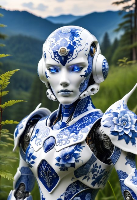 porcelain cyborg mecha in Bluepatternporcelain, detailed calligraphy ornament, 
mountain forest meadow background,