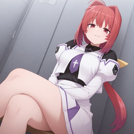 ,4k,masterpiece,background,Sumika,school uniform, puffy sleeves, Juliette sleeves, long sleeves, white uniform, purple accent,smirk, cross-legged, low angle, looking at viewer,embarassed,sit