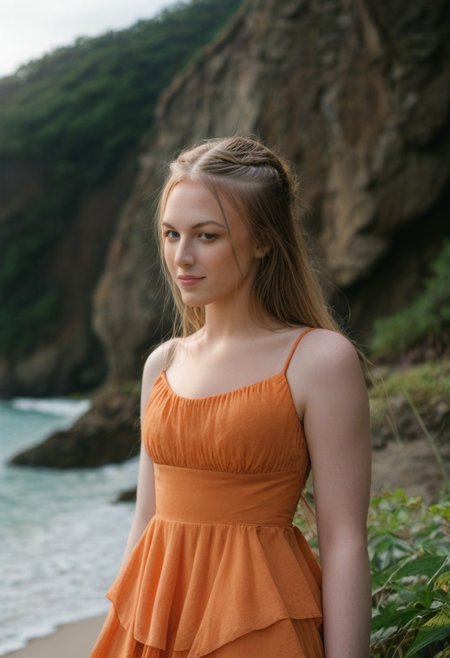 summer, 1girl, solo, rating_safe, beach, upper body, dress, midriff