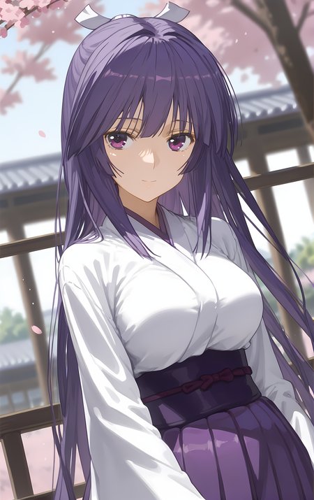(score_9, score_8_up, score_7_up), looking at viewer, light smile, closed mouth, shiny skin, tight clothes,
ohwx, 1girl, solo, solo_focus, purple_eyes, long_hair, japanese_clothes, purple_hair, very_long_hair, breasts, ponytail, long_hair, breasts, large_breasts,
japanese_clothes, kimono, sash, kimono, skirt, hakama, hakama_skirt, purple_hakama, white_kimono,
blurry background, upper body, close-up, cowboy shot, dutch angle, against railing, hair tucking, looking at viewer, (cherry blossoms:1.1),
 <lora:miya_asama_pony_ss-000002:1>