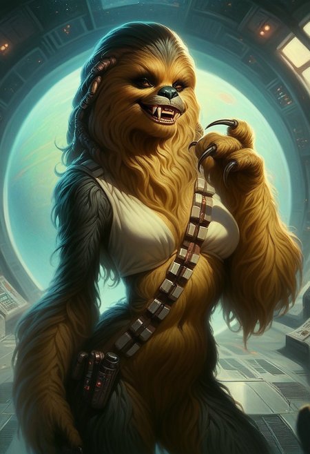 score_9_up, score_8_up, score_7_up, score_6_up, 1girl, solo, fem_w00kie, furry female, fur, fangs, claws, standing on an alien planet, smile, (realistic), (painted art)