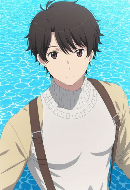 high resolution, solo, best quality, 1Boy, Inaho Kaizuka, Black Hair, Brown Eyes, pool, swim, shirtless, sixpack, shorts, looking at viewer, OverallDetail