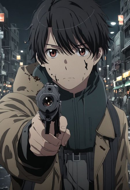 Highres, Masterpiece, High Quality, 4K, 8K, solo, 1Boy, Soujirou Agata, brown eyes, black hair, potrait, midnight, quiet street, big city, dim street lights, scattered trash, dirty, cold, tense, mysterious, sharp eyes, merciless, threatening, weapon, pointing at the viewer, threatening, easynegative, detailed_eye_model