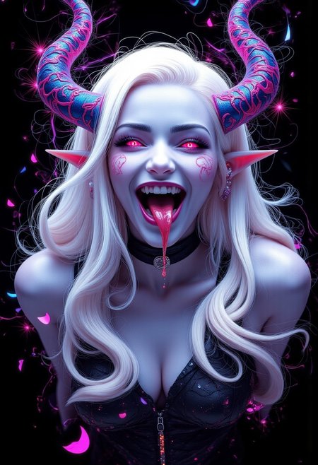 high quality, ultra detailed, colorful, abstract, fantasy, aidmaMJ6.1, bo-abyss, a digital drawing in an anime style, featuring a fantastical, otherworldly creature with a blend of fantasy and horror elements, the subject is a female character with pale blue skin and long, flowing white hair that cascades down her shoulders, her eyes are a striking, glowing pink, and her mouth is open wide, revealing sharp, pointed teeth, with a long, dripping pink tongue, she has large, pointed ears and a pair of prominent, curved, blue and pink horns protruding from her head, the horns are adorned with intricate, glowing patterns in shades of blue, purple, and pink, adding a surreal and otherworldly quality to her appearance, she wears a black choker around her neck and a black, sleeveless top that appears to be made of a shiny, metallic material, the background is a solid black, which contrasts sharply with her vibrant colors, making her stand out vividly, the overall composition is dynamic, with the character's expression and the flowing, ethereal quality of her hair and the glowing effects adding to her otherworldly appearance, partially blended with abstract digital elements.