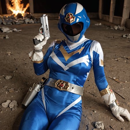 20yo, score_9, score_8_up, score_7_up, shiny oild skin, 
1girl, solo, large breasts, sentaisaintforce, blue bodysuit, silver belt, white gloves, spandex, wing-shaped chest symbol,  helmet removed, no headwear, 
holstered, handgun, holster, torn cloth, orgasm, 
 city ruin, rubble, lying, night, explosion, smoke, 
 <lora:Saint_Force:0.8>