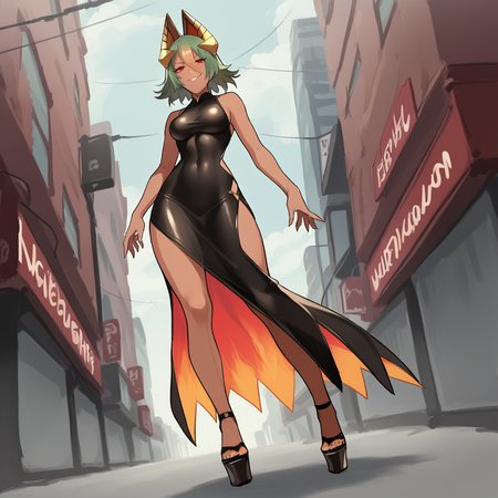 score_9, score_8_up, score_7_up, score_6_up, score_5_up, score_4_up, zPDXL2,source_anime,rating_questionable,1girl, solo, bodycon dress, platform heels, low angle, smirk, urban, <lora:laegjarn_fire_emblem:0.8>Laegjarn_FE, green hair,  gradient hair, hair between eyes, dark-skinned female, red eyes,