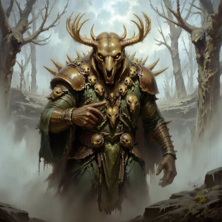 Dark-Fantasy-Cardd-V.2.0 style dark fantasy oil painting with detailed eyes that features a massive undead monster with features of multiple animals combined intro him. The creatures head is a massive skull the resambles a sabertooth tiger, and out his skull grow massive antlers and multiple horns, eyes of the creatue are glowing yellow. Thre creatures body is covered in multiple lesser animal skulls, some of them also have yellow eyes and they are staring in all directions. The creature is wearing a massive cloak of leaves and vines, that connects with white fog cloth that emits a massive creeping fog that covers majority of the ground. Most of mosnter body is covered with leaves, that form massive cloak, only his hands and and massive skull are visible outside of the cloack The creature has a long, massive bone finger and is pointing intro viewers direction.