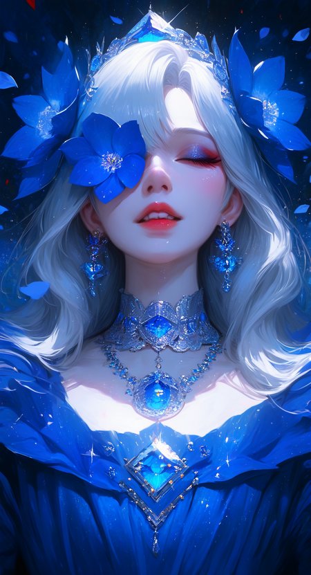 masterpiece, best quality, good quality, very aesthetic, absurdres, newest, 1girl, solo, long_hair, hair_ornament, dress, jewelry, upper_body, closed_eyes, white_hair, grey_hair, flower, earrings, parted_lips, teeth, hair_flower, necklace, collar, sparkle, petals, makeup, blue_dress, blue_background, portrait, gem, facing_viewer, blue_flower, one_eye_covered, blue_theme, red_lips, falling_petals, blue_gemstone, flower_over_eye <lora:ponyv5_noobV065S_1_adamW-000013:0.7> <lora:USNR_STYLE_XL_lokr:0.45> <lora:748cmSDXL:0.4>