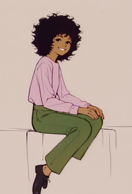 score_9, score_8_up, score_7_up BREAK SScrgl, 1girl, brown skin, curly black hair, black eyes, long-sleeved soft pink shirt, green pants, black shoes, smiling at viewer,