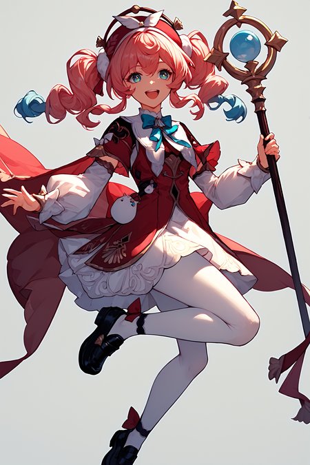 (score_9, score_8_up, score_7_up), 1girl, hyacine, red headwear, detached sleeves, white pantyhose, ankle ribbon, black loafers, smile, open mouth, standing on one leg, holding staff, simple background, <lora:hyacine-hsrPO-v1:0.9>