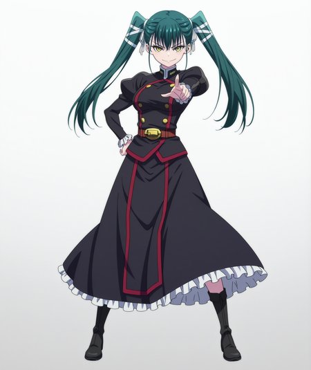 official art, absurdres, highres, anime coloring, hi res, best quality, masterpiece, 2d, intricate details, 4k,
1girl, solo, long hair, bangs, black hair, bow, twintails, yellow eyes, hair bow, green hair,
breasts, medium breasts, shirt, long sleeves, jacket, belt, black jacket, uniform, military, military uniform, juliet sleeves, frilled sleeves,
skirt, long dress, long skirt, black skirt, frilled skirt, boots,
looking at viewer,
depth of field, white background, gradient background, <lora:Yachiho_Azuma_ILXL:1>, mato seihei no slave, azuma yachiho,