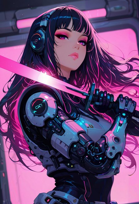masterpiece, best quality, good quality, very aesthetic, absurdres, newest, depth of field, focused subject, in the style of cknc, 
dynamic angle, stance, 1girl, solo, long hair, flowing hair, neon hair, bioluminecent glow, parted pink lips, eyeshadow, upper body, sci-fi, looking at viewer, holding futuristic scimitar, unsheating, wind effect,