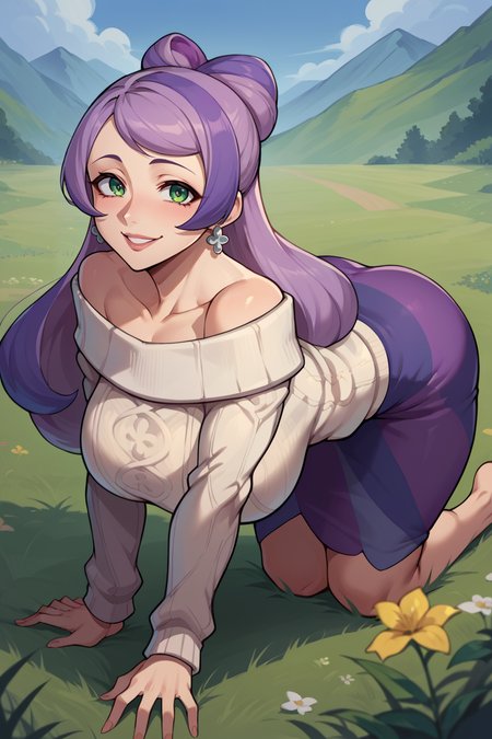 score_9, score_8_up, score_7_up, score_6_up, source_anime BREAK 1girl, mature female   <lora:pkmnmiriam-pdxl-nvwls-v1-000004:1> miriam, green eyes, multicolored hair, earrings, white sweater, purple skirt, striped skirt, large breasts, looking at you, from behind, all fours, smile, grass, field, from side