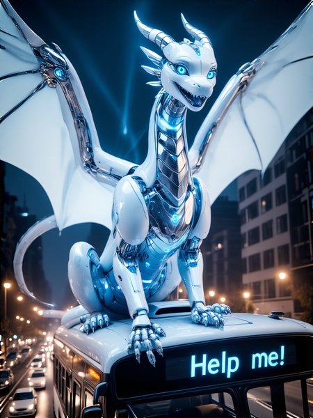 A close up portrait of beautiful feral cyber dragon female sitting on roof of bus. The female dragon have smooth robotic body made from white-blue porcelain and chrome. Her large wings glows like it is made from a pure blue light. Her body is glistening in street lights. She is looks directly at the viewer. She have a beautiful blue irises and joyful smile on elegant muzzle resembling a snake one. She showing a little fangs. Her paws has a four fingers with small claws. Bus route board have text "Help me!". Intricate details. A wide street is between skyscrapers full of auto. Dark night city. Science fiction. Dim ambient cinematic lighting with sharp beams and light rays.
Masterpiece detailed sharp professional photo.