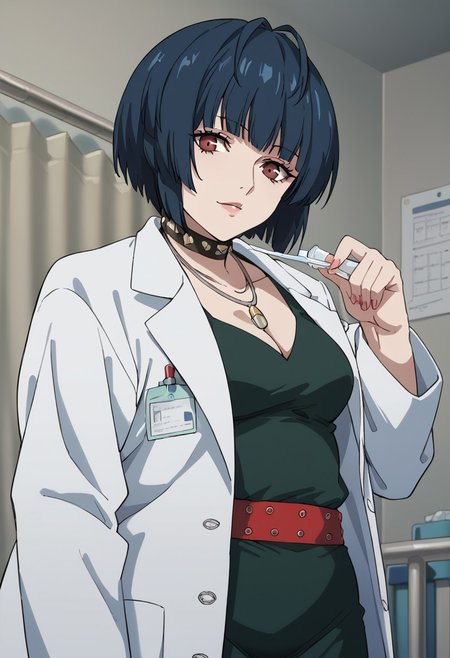 score_9, score_8_up, score_7_up, (source_anime), 1 girl, solo, cute face,
p5tae, tae takemi, short hair,
labcoat, necklace, choker, studded collar, short dress, dark green dress, cleavage, red belt,
cowboy shot,
infirmary, hospital room, looking at viewer,
masterpiece, best quality, ultra detailed, absurdres, very aesthetic