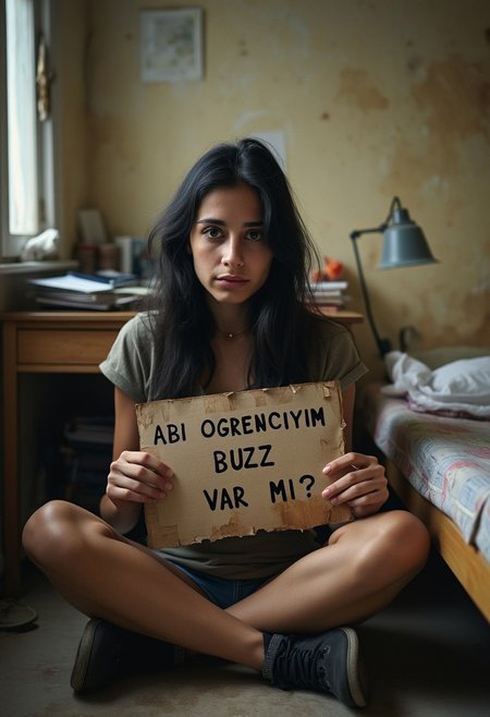 An 20-year-old drunken, beautiful Turkish woman sitting cross-legged in a modest dormitory room, holding a cheap sign with letters "ABI OGRENCIYIM BUZZ VAR MI?", wearing simple and inexpensive clothing. The room is sparsely furnished with a small bed, a basic desk cluttered with notebooks, and a cheap lamp casting dim lighting. She has long black hair, is dressed in casual, unadorned attire, and gazes at the camera with a mixture of exhaustion and contemplation. The atmosphere is humble and reflective, with the bare walls and scattered belongings highlighting the simplicity of her life. The focus is on her youth, authenticity, and resilience in a modest environment.