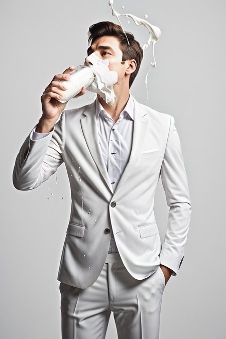 man drinking a glass of milk, business suit, milk covered, spash
 <lora:CoveredWithStuff:1>