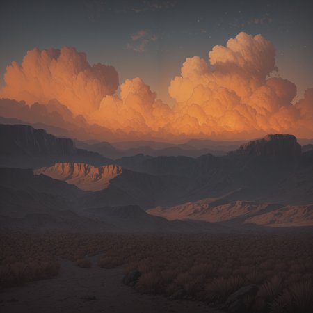 A dramatic Western showdown at sunset under a towering sky filled with fiery orange cumulus clouds, inspired by Mark Maggiori. A rugged cowboy with a wide-brimmed hat, weathered face, and a revolver aimed forward stands in the foreground, mouth open in a war cry. The deep navy and amber sky behind him glows with intense light, casting warm highlights and long shadows across the desert grass. Monumental red rock formations rise in the midground, while distant mountain silhouettes line the horizon. Painterly texture, cinematic intensity, golden hour, vivid Western drama
IllusP0s
