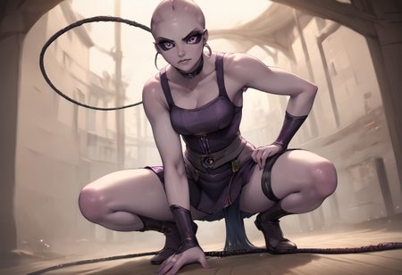 SFW, rating_all, score_10, score_8_up, score_7_up, beautiful, realistic, detailed, perfect, quality, vector, dynamic, dynamic pose, flat colors, masterpiece, ((Kaminoan)), female,  1.8 meters tall, ((gray skin, bald, black sclera, colored sclera, (purple iris))), stern look, looking at viewer, tough, short skirt, whip, whipping, crouching, glowing whip