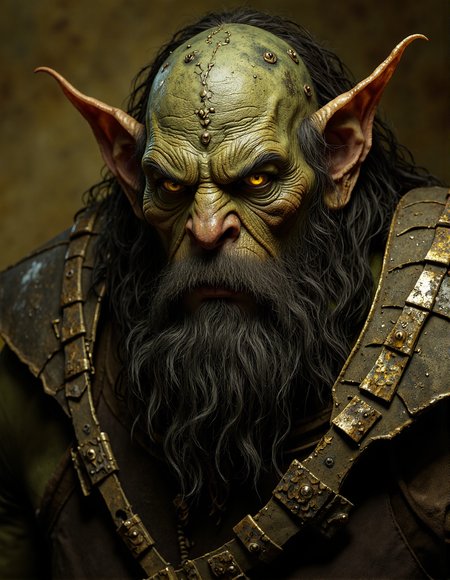 grizzled orc chieftain with a weathered face and piercing yellow eyes. He has large, pointed ears adorned with tribal piercings and a thick, dark beard. His skin is rough and scarred, with a greenish hue. He wears a crude, leather-strapped armor and a menacing expression. The background is a blurry, earthy tone, focusing attention on the orc's rugged features. The overall style is dark, gritty, and realistic, with a focus on the orc's primitive appearance and intimidating presence. The composition should be close-up, highlighting the orc's facial details and the intensity in his eyes, <lora:flux.1_lora_flyway_Epic-detail_v2:0.5>, <lora:Elden_Ring_-_Yoshitaka_Amano:0.5>, <lora:aidmaAbadonedHorror:0.6>