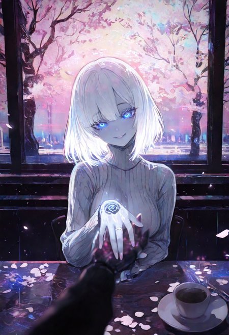 masterpiece, best quality, good quality, very awa, newest, highres, absurdres, 1girl, solo,  
Cherry blossom, 
 limited palette, sketch, glowing, psychedelic,
BREAK 
ambient occlusion, raytracing, soft lighting, blum effect, masterpiece, absolutely eye-catching, particles, glow, shining, intricate cinematic background, (beautiful face), looking seductive, coy. dynamic action image,  
BREAK 
masterpiece,amazing quality,best quality,ultra-detailed,8K,illustration,CG, ultra-detailed-eyes, detailed background,cute girl, eyelashes, erotic, petals falling, 
Cherry blossom, blurry foreground, branch
BREAK
(sexy, slutty, hot, aroused) 
Automaton, colored skin, robot girl, robot joints, white hair, blue eyes, short hair, metal_skin, barcode,
BREAK
pov across table, turtleneck sweater, cafe, coffee, cake, indoors, wedding ring, head tilt, pov hands, holding hand, nails, blurry foreground, happy smile,