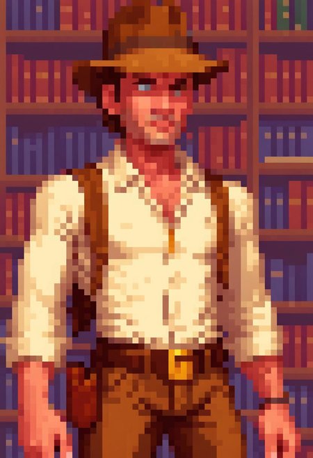 pixel art PixArFK
lucasarts style,  
  indiana jones in a library 
masterpiece, best quality, high quality,