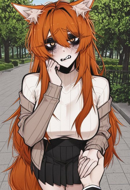ace_glitch, masterpiece, best quality, very aesthetic, absurdres, masterpiece, best quality, good quality, dynamic lighting, perfect anatomy, 1girl, mature female, fox girl, fox-kin, fox features, droopy fox ears, fox tail, fox eyes, orange hair, long loose hair style, freckles, small fang, perfect lips, aggressive makeup, bossy look, short temper, loving, cardigan, calf length maxi skirt, public park background, holding out hand, wants to hold hands, slightly embarrassed, immanent hand holding, windy,