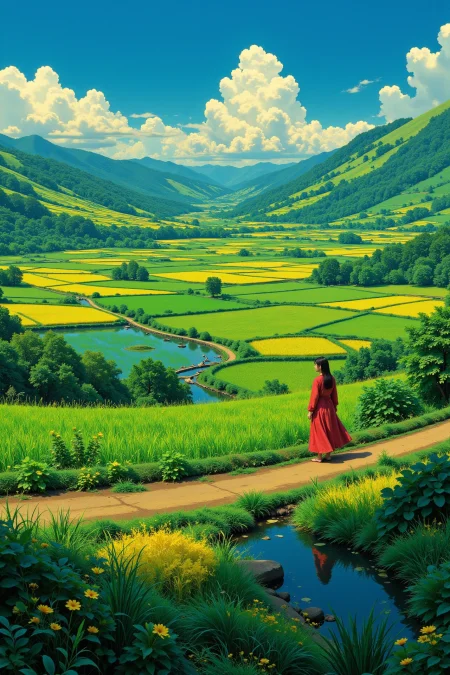 rice paddy beautiful  landscape, early morning, woman, very intricate, very detailed, sharp, bright, colorful, <lora:Hand v2:0.5> <lora:Anti-Blur:1><lora:Insane Detail Slider:0.25>  <lora:flux.1_lora_flyway_Epic-detail_v2:0.3> <lora:fluxenhancer:0.25> <lora:Anime_style:0.6> anime style