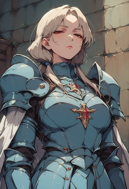 score_9, score_8, score_7, score_6_up, 1girl, mature female, tall girl, red eyes, pale skin, perfect skin, upper body, portrait, platinum blonde hair, low ponytail, long hair, half closed eyes, fully clothed, leather armor, blue accent royal armor, white cape, arrogant, from below,