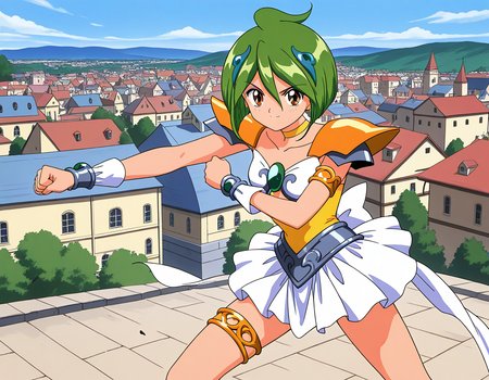 general,highres, ultra-detailed,very aesthetic,best quality ,best hands,  BREAK <lora:Tamano_Hinagiku_IS:1> Tamano_Hinagiku, 1girl,solo, green hair, short hair, brown eyes, hair between eyes, 1990s (style),anime coloring,
solo, green eyes, smile, skirt, choker, looking at viewer, armor, armlet, jewelry, magical girl, thighlet, ahoge, outdoors, white skirt, shoulder armor, pauldrons, day, hair ornament, collarbone, shoulder pads, open parts,
serious face, fighting, punch,
town, outdoor, day, sky,