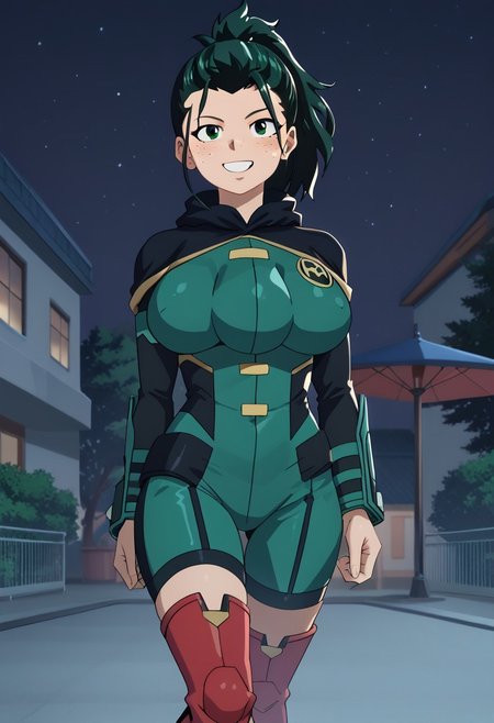 score_9,score_8_up,score_7_up,score_6_upanime BREAK (masterpiece, highest quality, 4k:1.2) , 1 girl, Izuku Midoriya, green hair, ponytail, green eyes, freckles, large breasts, three breasts, anime coloring page, mha, robin dc outfit, red boots, blue outfit, smile, background on the terrace at night.