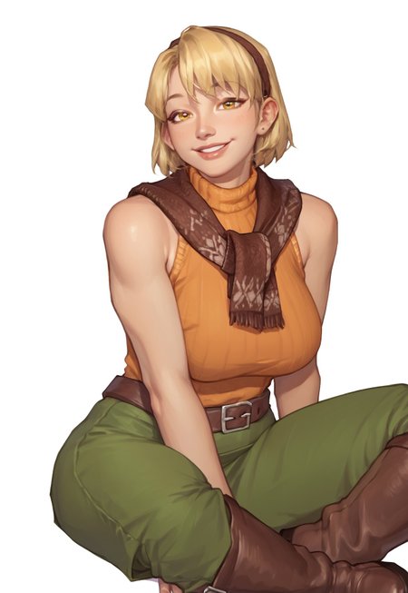 safe_pos, score_9, score_8_up, score_7_up, traditional art, smugde, 1 girl, solo, Ashley, yellow eyes, huge breasts, plump, wide hips, huge hips, sitting, spread legs, smile, short blonde hair, brown scarf, orange turtleneck sweater, bare shoulders, brown belt, green skirt, exposed legs, long brown boots