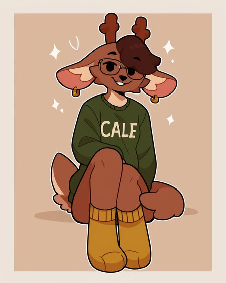 score_9_up, score_8_up, score_7_up, score_6_up, small breasts, furry, female, furry female, brown hair, dot eyes,  jackalope, antlers, green topwear, green sweater, short hair, female, tail, glasses, spats, looking at viewer, solo, earring, happy, smile, socks, three-quarter view, head tilt, simple background, white outline, <lora:Leah_Pines(AIM)_XL_v1:0.15> <lora:PDXL_artist_tags_v2_big:0.5> <lora:The-Minuscule-Task_PDXL_v1.0:0.6>  <lora:Bun_bunhearts:0.6>