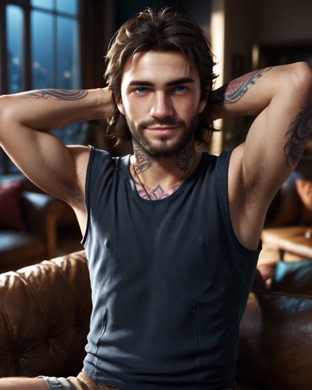 score_9, score_8_up, score_7_up, intricate details, rating_questionable,
<lora:homri52:1>,
<lora:DGDeek:1>
1boy(DGDeek, 1boy, brown hair, blue eyes, beard, tattoo, looking at the viewer, solo, slight smile,  
cowboy shot, sitting on a sofa, leaned back, arms raised, hands behind head, typical clothing), comfy living room, at night, dark room, low light,
4k,
detailed background, depth of field, 
<lora:ral-chrosc-clr:0.5>, ral-chrosc-clr,
<lora:Expressive_H:0.5>, Expressiveh,
<lora:xl_more_art-full_v1:0.3>,
<lora:add-detail-xl:0.3>,