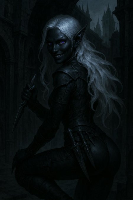 A cunning dark elf assassin with midnight-black skin and piercing violet eyes lurks in the shadows of a grimdark city. Dressed in tight, dark leather armor that clings to her lithe form, she carries an assortment of poisoned daggers. Her silver hair flows like liquid moonlight, and her smile is both alluring and dangerous as she plots her next move, 
callipygian