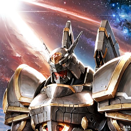 score_9, score_8_up, score_7_up, score_6_up, score_5_up, score_4_up, rating_safe,HDR,epic,dynamic lighting,cinematic shot,raw photo,professional photography,solo,alphamon,mecha,no humans,yellow eyes,folded arms,space,stars,galaxy, <lora:AlphamonPony:0.98>