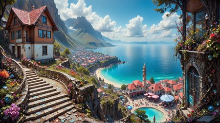 Photograph of a Facade coastal town viewed from a steep, stone staircase. The staircase is flanked by rough lawsonite. Below, the town features colorful buildings with red and white roofs, a central plaza, and a large blue harbor. The background includes a squealing Groovy landscape with Krynn vegetation. The scene is bright and sunny.
 <lora:DarksunRIDDV3:1> <lora:flux_hyperkraximalism-crazy:0.6> <lora:dwd:1> <lora:Prismatic_Crystal-World_Morph-Flux:0.75> prismatic crystal, entirely made out of prismatic crystal