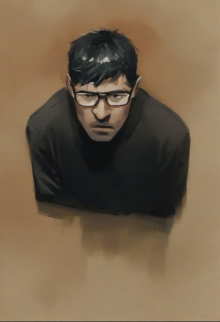 score_9, score_8_up, score_7_up, score_6_up, 1boy, watercolor painting, cowboy shot, (nerd), ((man phasing through a wall)), glasses, black t-shirt, pimples, ((half of his arm morphing through the wall)), worried, solo, short hair, dark background, shadows, expressive, black linework, ((half of body visible))