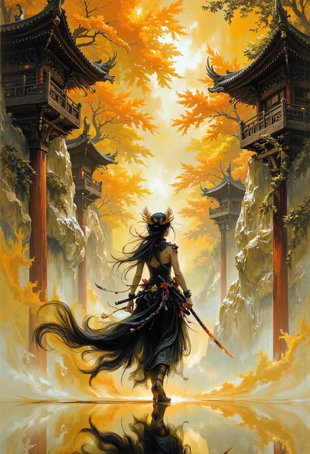 A stunning ink art piece,  yellow white and black , sharp focus, female asian with katana, walking towards viewer. retrofuturism, by tomasz alen kopera and asher brown durand and phil hale and alphonse mucha <lora:Ethereal Grace - s1 g4.safetensors:0.5>,  <lora:midjourney_whisper_flux_lora_v01.safetensors:0.7>,  <lora:zhongfenghuaStyle_FLUX_ Lora.safetensors:0.7>, <lora:Midjourney_-_SemiReal_Dreams_FLUX_LoRA.safetensors:0.7>,