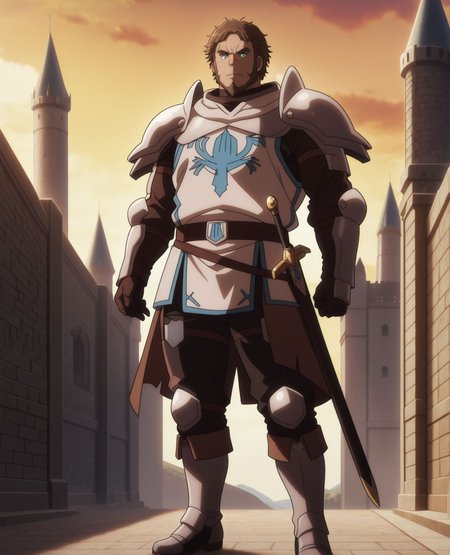 masterpiece,best quality,amazing quality,very aesthetic,absurdres,newest, huge filesize,
<lora:spo_sdxl_10ep_4k-data_lora_webui:0.5>,
<lora:add-detail-xl:1> anime screencap,  overlord,official art, 
BREAK
<lora:overlord_The_Sacred_Kingdom_V2:1>overlord_V2,
1boy, 
short hair,    castle, sky, outdoors, solo, 
weapon,armor,
sword,brown hair,sword, 
short hair,shoulder armor, male focus, 
full body,
boots,gloves,pauldrons,
sheath,belt, , blue eyes,
o_Isandro,   muscular male, messy hair, thick eyebrows,beard,