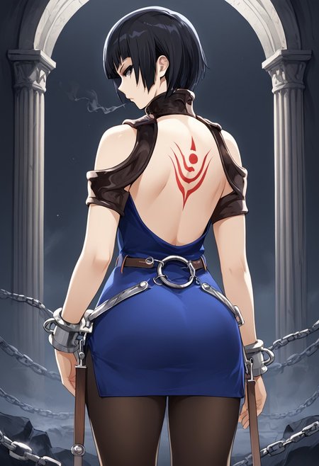 score_9,score_8_up,score_7_up,source_anime,5_figner,2d_animation,game cg,BREAK,1girl,solo,
Millennia,short hair,bob cut,black hair,lunt bangs,bare shoulders,knee boots,chain,pantyhose,belt,short dress,blue dress,expressionless,weapon,armor,turtleneck,cuffs,handcuffs,back,looking back,from behind,backless dress,,bare back,backless outfit,back tattoo,
medium breast,upper bodt,
indoor,underground Palace,black smoke,
masterpiece,best qualit,ultra-detailed,illustration,an extremely delicate and beautiful,beautiful detailed eyes,unity 8k wallpaper,high resolution,anime CG,official_art,