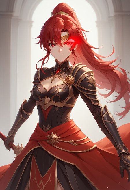 score_9, score_8_up, score_7_up, source_anime, , HD, masterpiece, best quality, hyper detailed, ultra detailed, 1girl, Pyrrha Nikos (RWBY), green eyes, red hair, long hair, ponytail, hair between eyes, forehead protector, medium breasts, circlet, gold armlet, black elbow gloves,
Knight, plate armor,  wielding a sword and shield, dramatic pose,
(red eye trail:2.0), yellow eye trail,