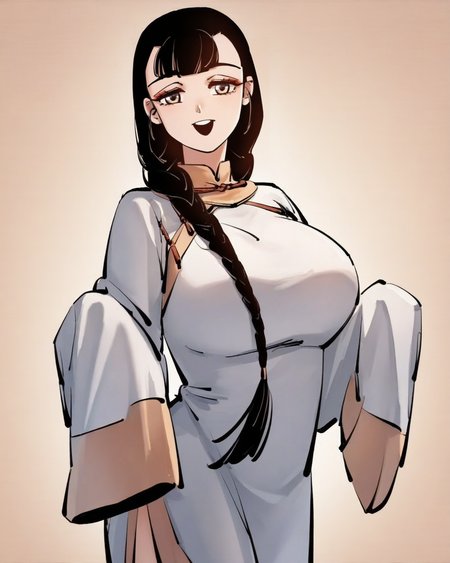 masterpiece,best quality,curvy,venus body,
<lora:miaoqingqing:1>,miaoqingqing,1girl,solo,black footwear,sleeves past fingers,smile,open mouth,sleeves past wrists,looking at viewer,long sleeves,portrait,