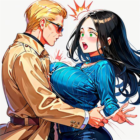 score_9, score_8_up, score_7_up, score_6_up, source_anime, <lora:_sdxl-chichibinta-pony:0.3> chichibinta, (((body turn and tits swinging, slap someone with swinging boobs, tits slap, couple, hetero, duo, from side, head on breasts, head between breasts, motion lines, open mouth, surprised))),
BREAK <lora:albertwesker-guy-PONYv1:1> albertwesker, albert wesker, 1boy, blonde, black gloves, sunglasses, belt, pants, long coat, trench coat, black coat, black pants, toned, athletic, fit, slicked back hair, black turtleneck, zipper, mature male, looking at another, head on breasts, being slapped by breasts, head between breasts, 
BREAK 1girl, (curly hair), long hair, (black hair), mature female, (parted hair:1.7), (round face), (no_bangs:1.3), (no_fringe:1.6), looking at viewer, (thick eyebrows:0.9), (plump, curvy), round-chin, breasts, caucasian, down-turned eyes, (forehead:0.65), <lora:ETO_OCPonyXL:0.5> eto_oc, skindentation, naughty smile, thick thighs, wide hips, petite, busty, voluptuous, :o, surprised, looking at another, breasts on another head, slapping with her breasts,