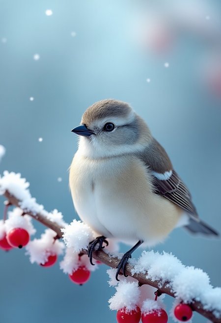 A close-up of a small bird with soft white and gray feathers, perched on a frosty branch covered with delicate snowflakes and icy red berries. The bird’s beak is slightly open as if chirping, and its plumage is highlighted by the cold morning light. The background is blurred with a cool blue and white gradient, evoking the serene stillness of winter
"sharp details", "bokeh effect", "tropical vibes"