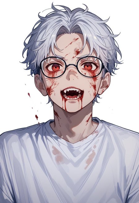 score_9, score_8_up, score_7_up, score_6_up, score_5_up, score_4_up, male school uniform, glasses, solo, red eyes, open mouth, looking at viewer, blood, teeth, 1boy, male focus, shirt, monochrome, white background, score_9, score_8_up, score_7_up, score_6_up, score_5_up, score_4_up, male school uniform, glasses, solo, white hair, red eyes, open mouth, looking at viewer, blood, teeth, fangs, 1boy, male focus, shirt, blood on shirt, monochrome, white background, highly detailed, cinematic